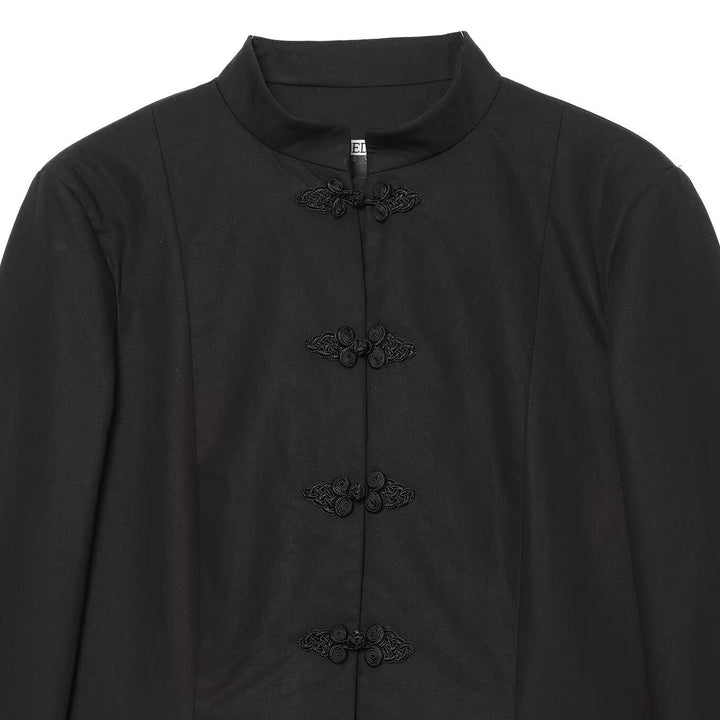 Women Tailored Short Blazer with Stand-Up Collar and Decorative Knot Closures Mune Fashion