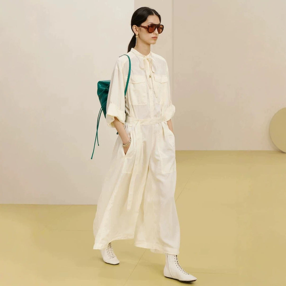Women’s Longer Utility Jumpsuit with Shirt Collar and Tie Belt Mune Fashion