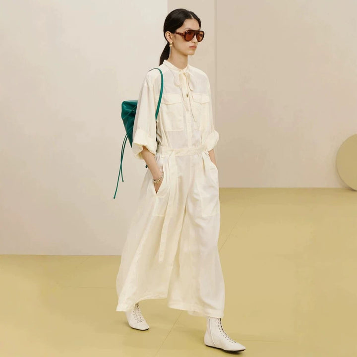 Women’s Longer Utility Jumpsuit with Shirt Collar and Tie Belt Mune Fashion