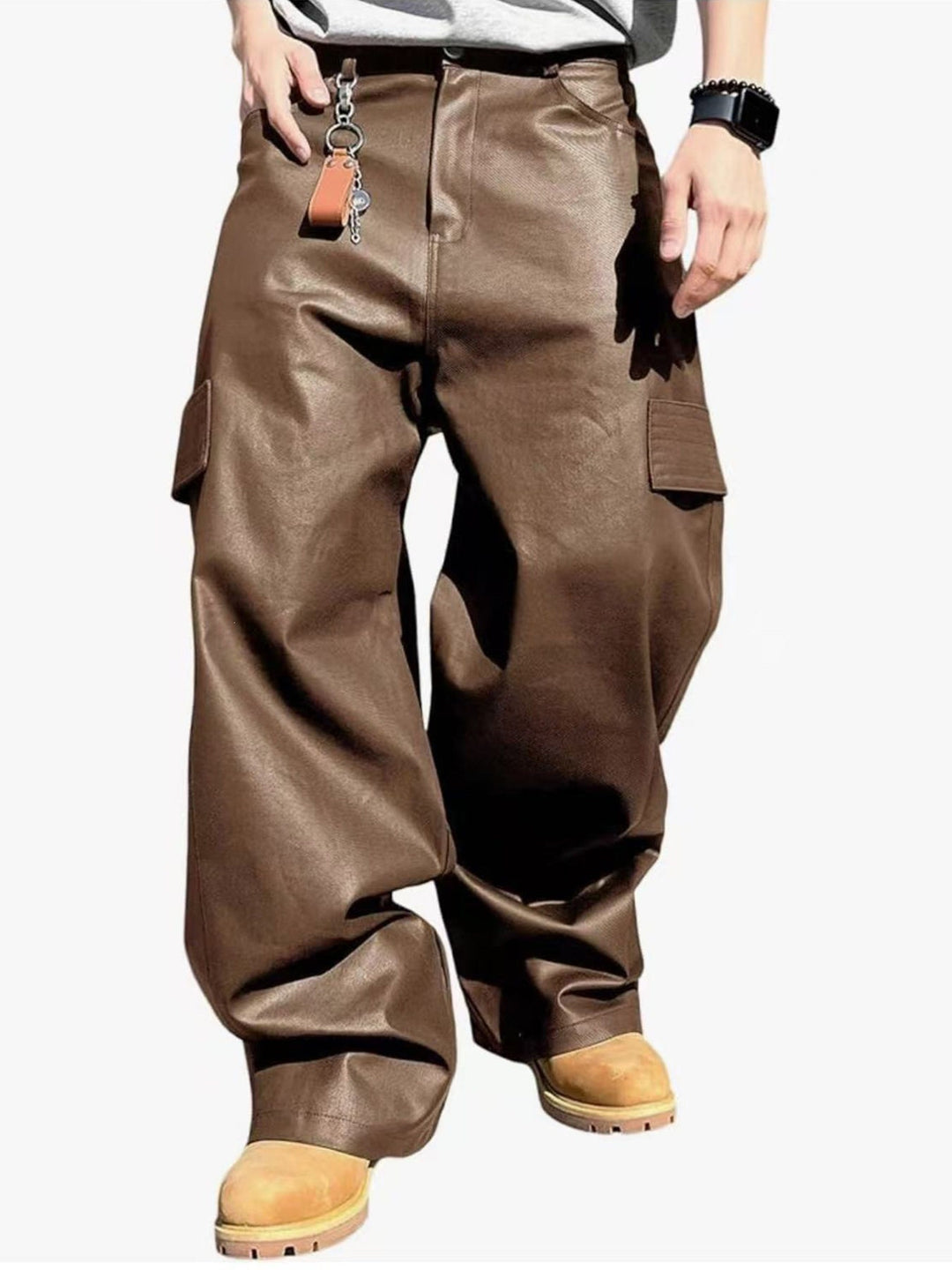 Men's Wide Cut Cargo Pants in Leather Look with Flap Pockets Mune Fashion
