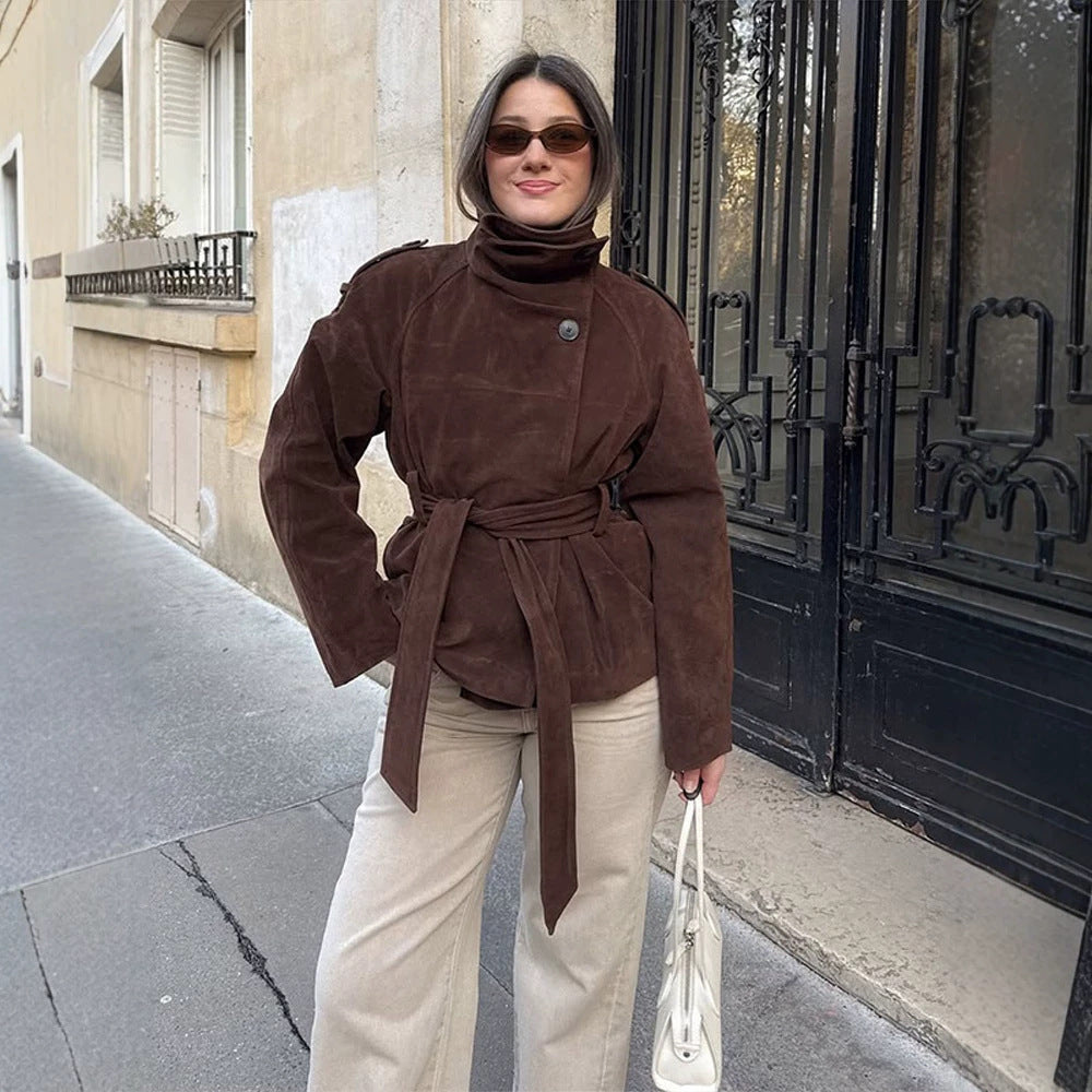 Women's short jacket made of suede with a high stand-up collar and tie belt Mune Fashion