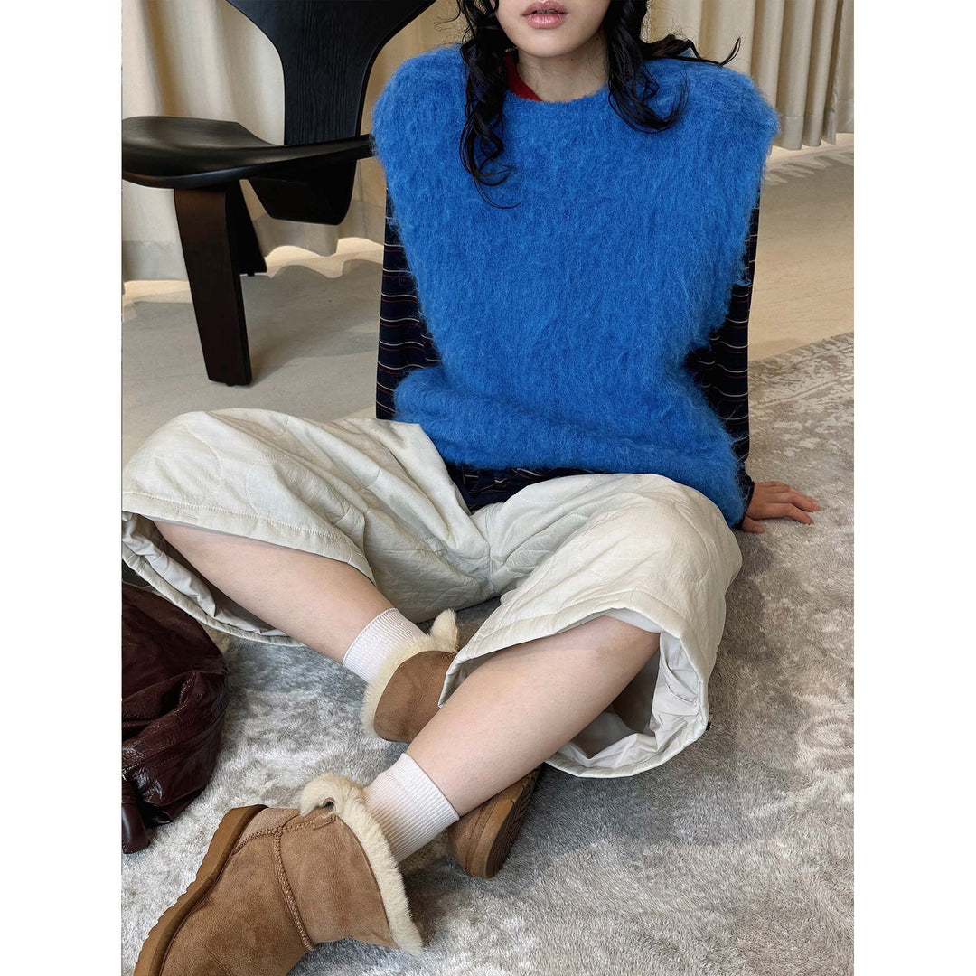Women Fluffy Sleeveless Boxy Knit Vest with Soft Mohair Effect Mune Fashion