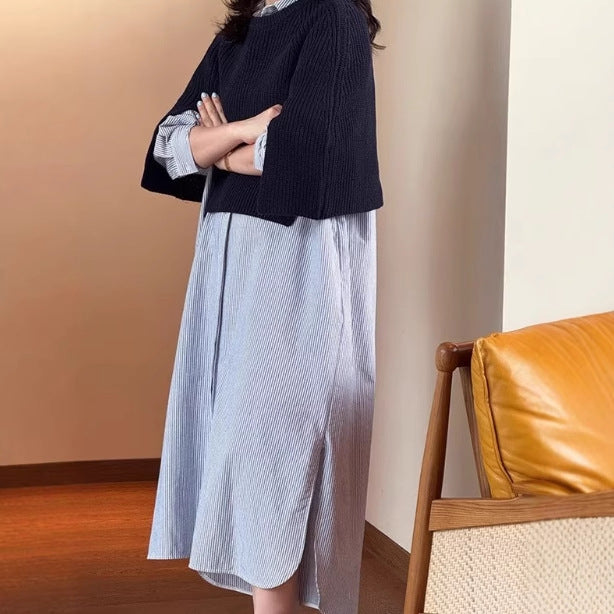 Women's Long Shirt Dress made of Poplin with fine striped texture, drawstring waist and side slits Mune Fashion