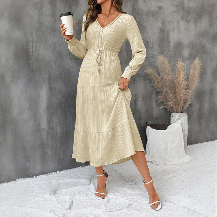 Women's Crinkle Midi Dress with V-Neck, Waistband and Ruffle Hem