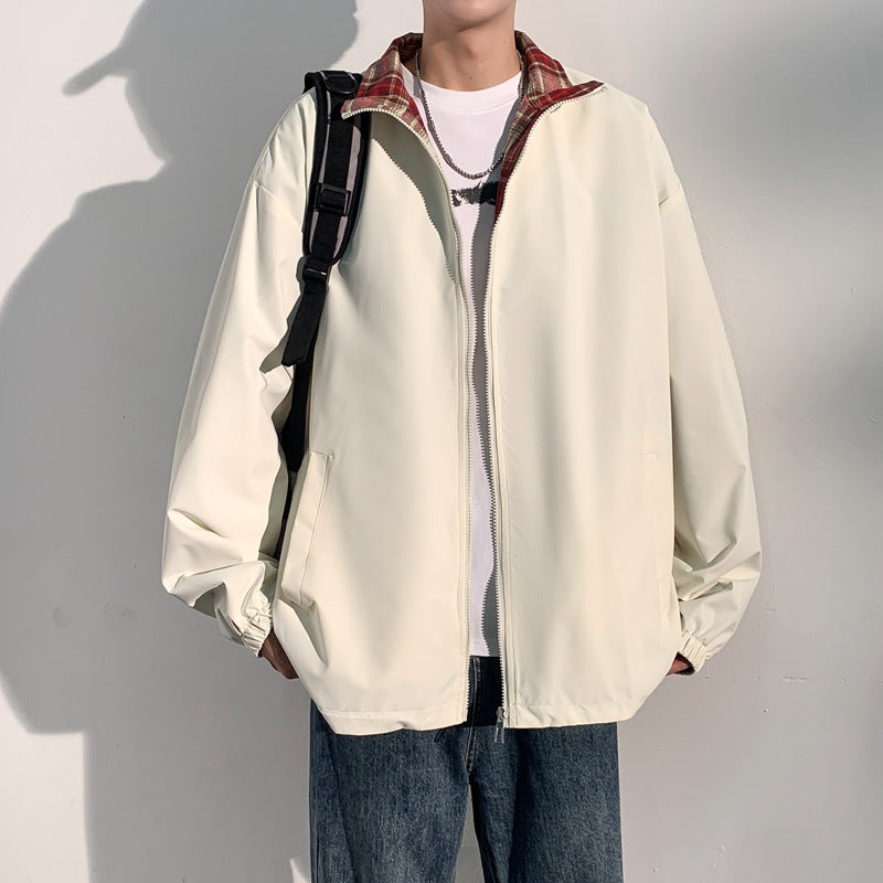 Men's Oversize Utility Transition Jacket with Zipper and Contrasting Checkered Inner Collar Mune Fashion