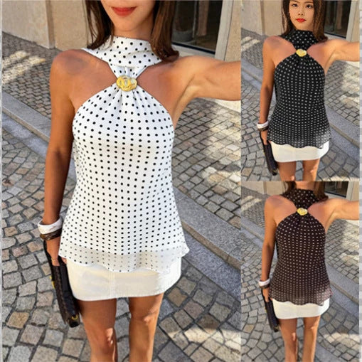 Ladies Sleeveless Halter Top with Polka Dot and Delicate Gold Application Mune Fashion