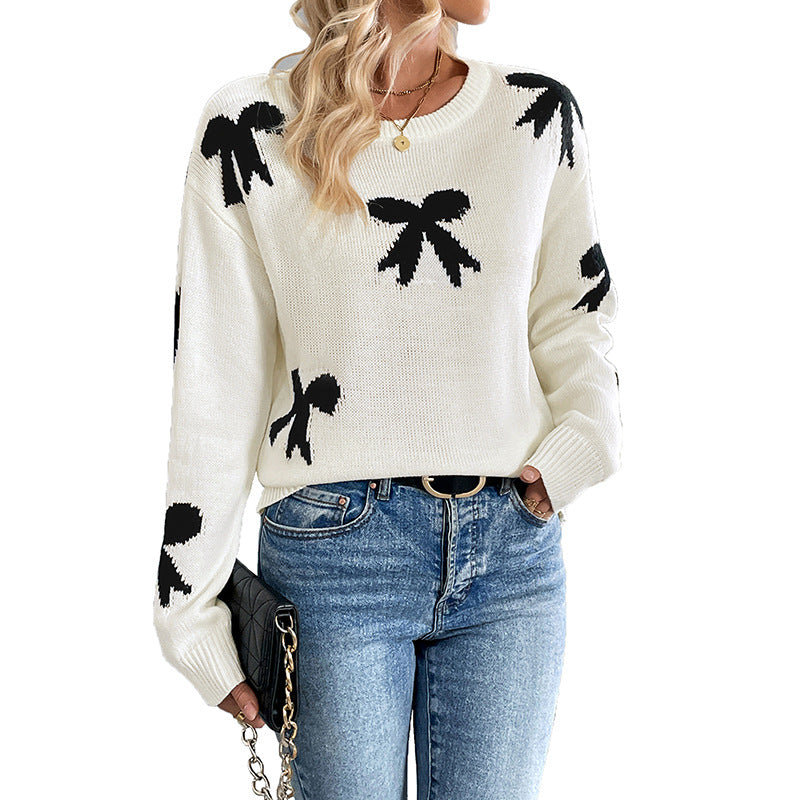 Women's fine-knit pullover with bow jacquard, round neck and ribbed cuffs Mune Fashion
