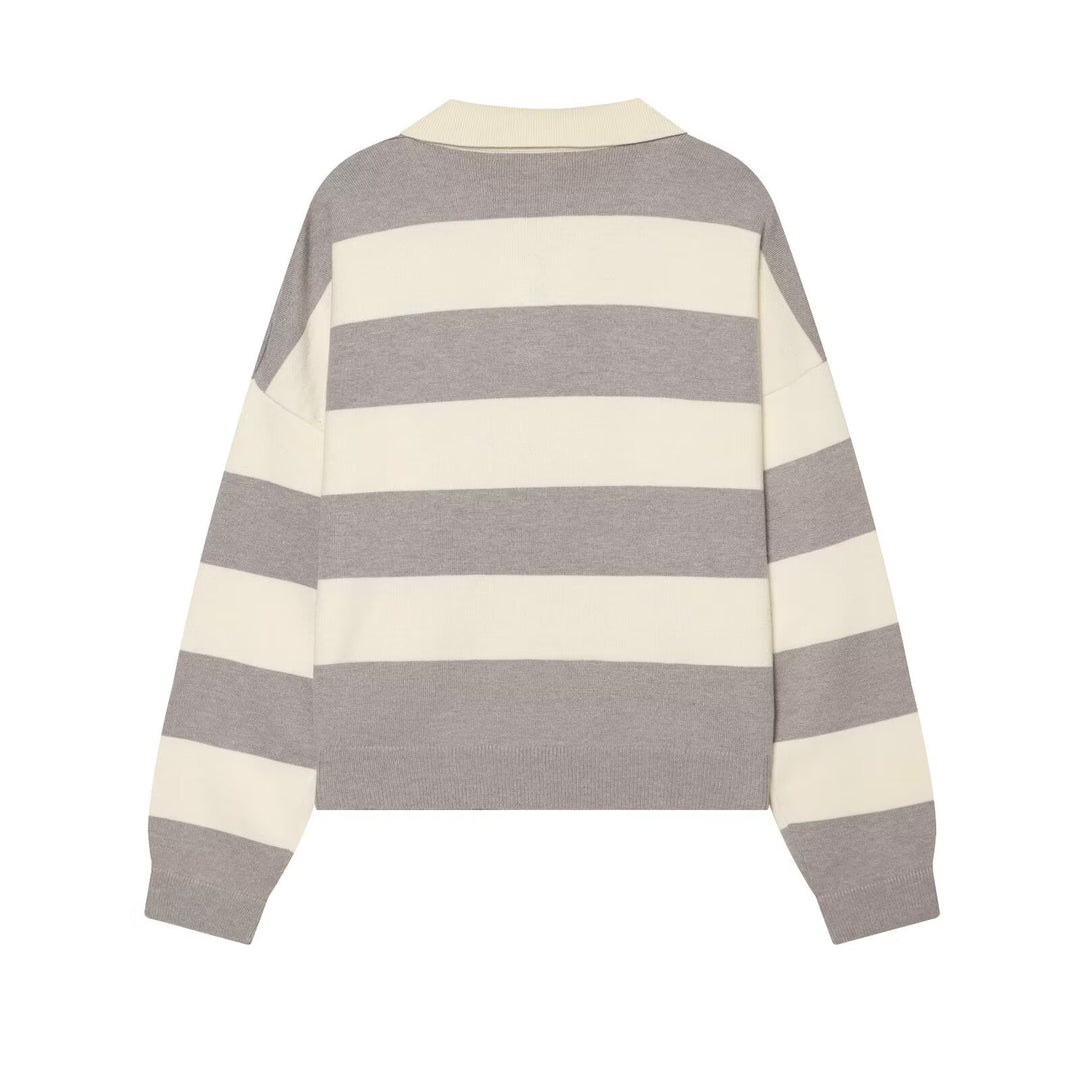 Women Oversized Rugby Sweater with Polo Collar and Wide Block Stripes Mune Fashion