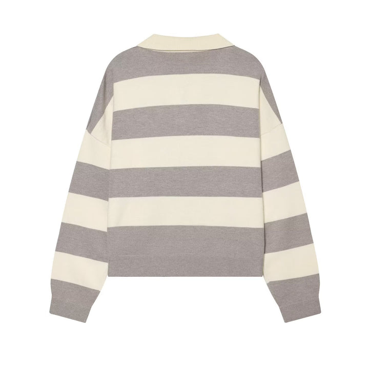Women Oversized Rugby Sweater with Polo Collar and Wide Block Stripes Mune Fashion