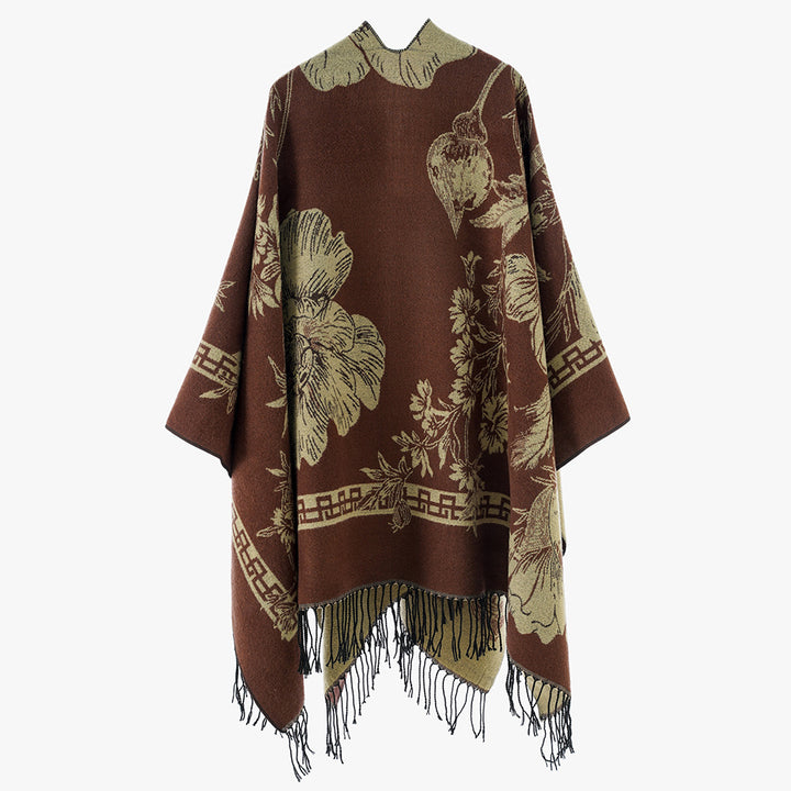 Women's lightweight jacquard poncho with floral all-over pattern, asymmetrical pointed hem and fringes