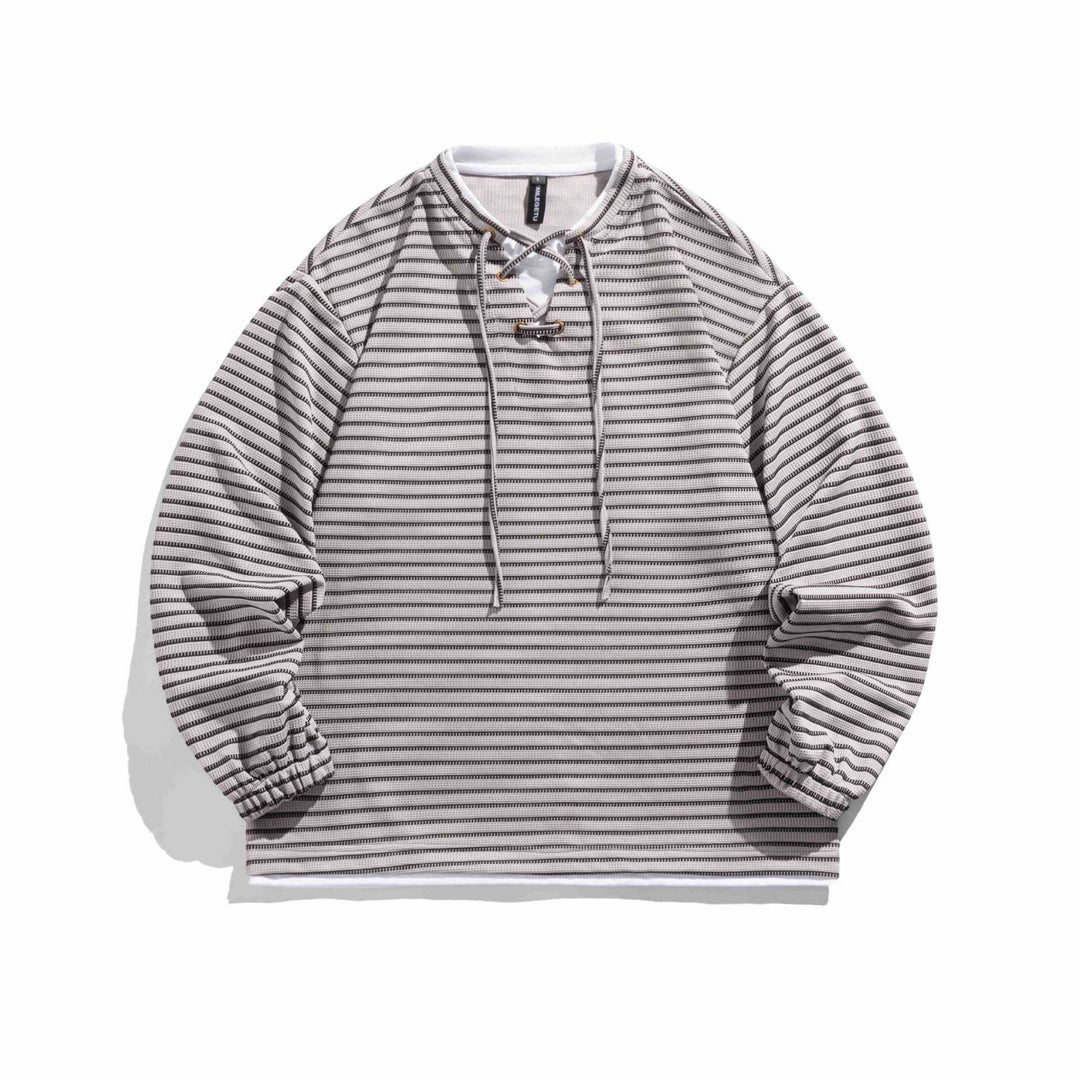 Unisex Striped Waffle Knit Pullover with Lace-up Closure and Raglan Sleeves Mune Fashion