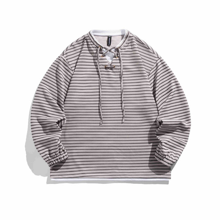 Unisex Striped Waffle Knit Pullover with Lace-up Closure and Raglan Sleeves Mune Fashion