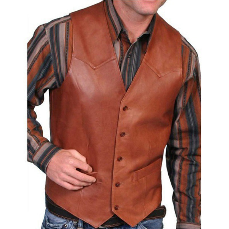 Men's tailored leather vest with western details, V-neck and two side pockets Mune Fashion