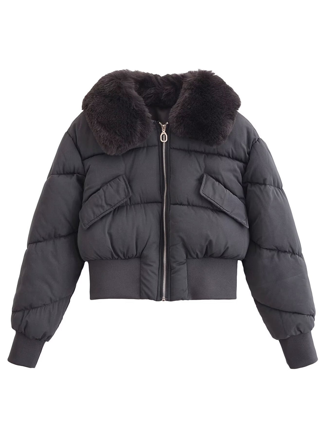 Women short-cut quilted bomber jacket with extra large faux fur collar and tailored ribbed waistband Mune Fashion