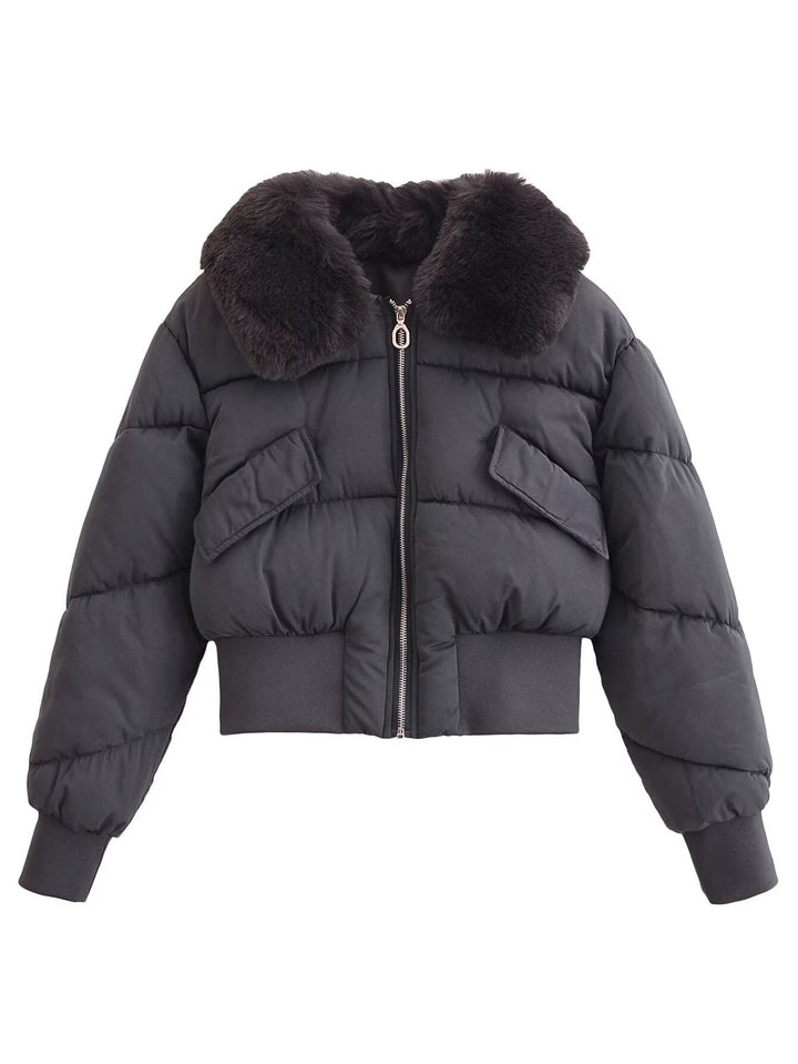Women short-cut quilted bomber jacket with extra large faux fur collar and tailored ribbed waistband Mune Fashion