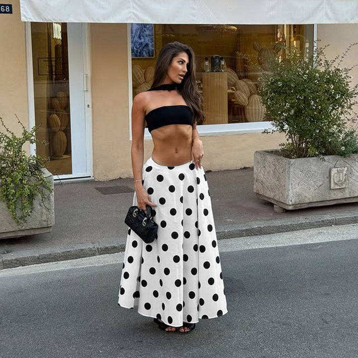 Women Flared Midi Skirt with Fitted Waist and Polka Dot Pattern Mune Fashion