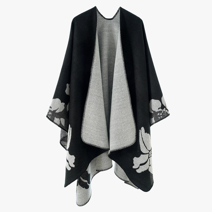 Women's Reversible Wool Blend Cape with Floral Jacquard and Open Draping Mune Fashion