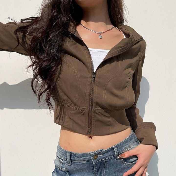 Women's Short Cut Utility Bomber Jacket with Stand Collar and Elastic Waist Mune Fashion