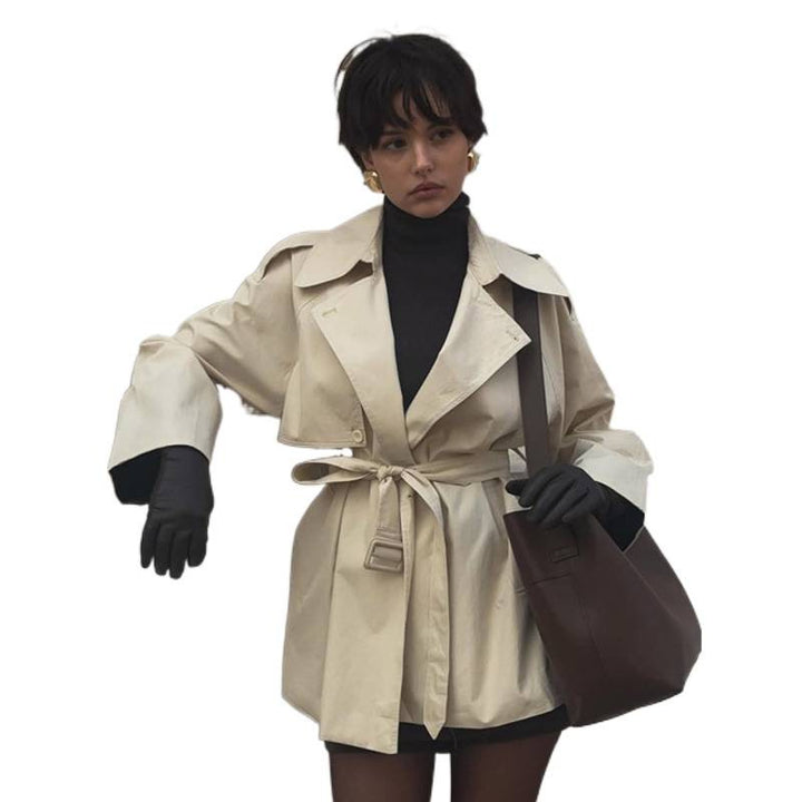 Women's Short Tailored Trench with Cape Overcoat and Tie Belt Mune Fashion