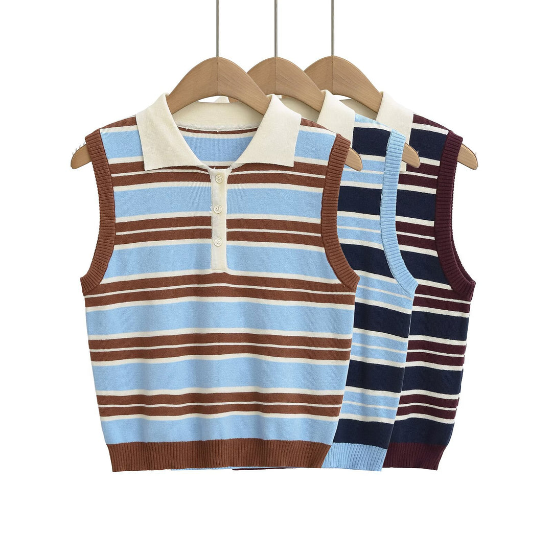Women's Sleeveless Fine Knit Polo Top with Button Placket, Ribbed Hem and Classic Stripe Pattern Mune Fashion
