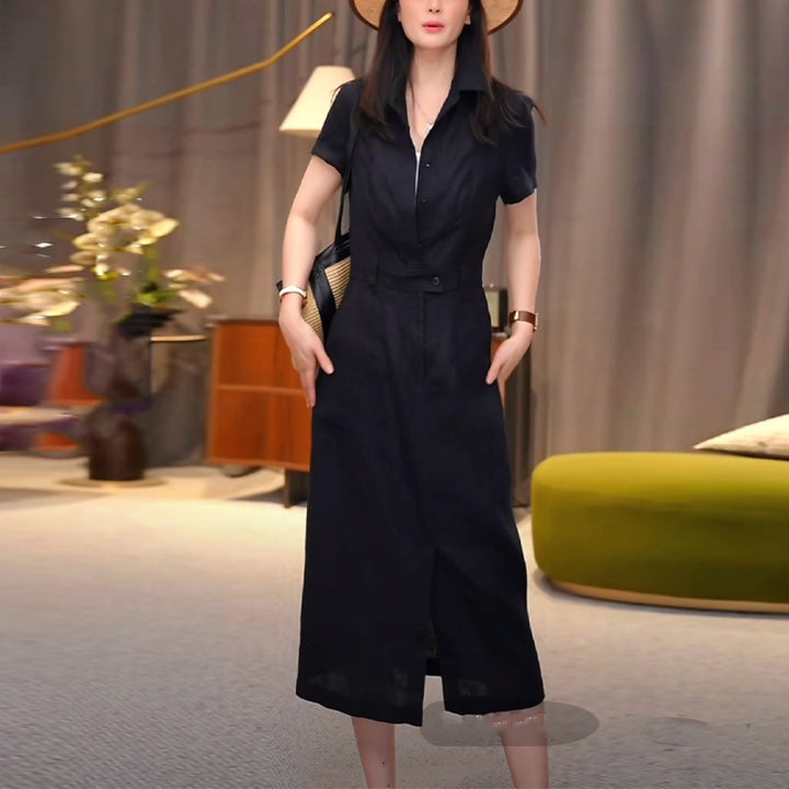 Women Tailored Shirt Blouse Midi Dress with Concealed Button Placket and Waist Pass Mune Fashion