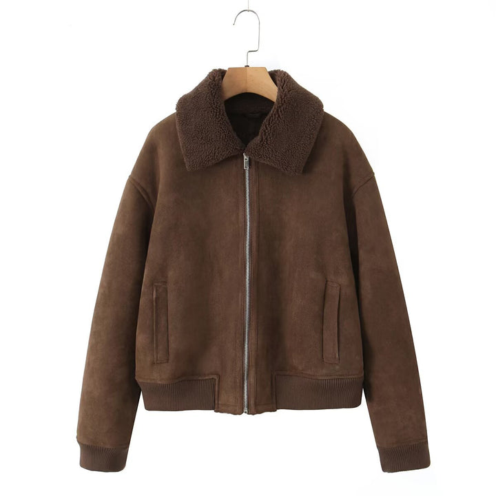 Women's Short Cut Teddy-Lined Suede Look Flight Jacket with Zipper Mune Fashion