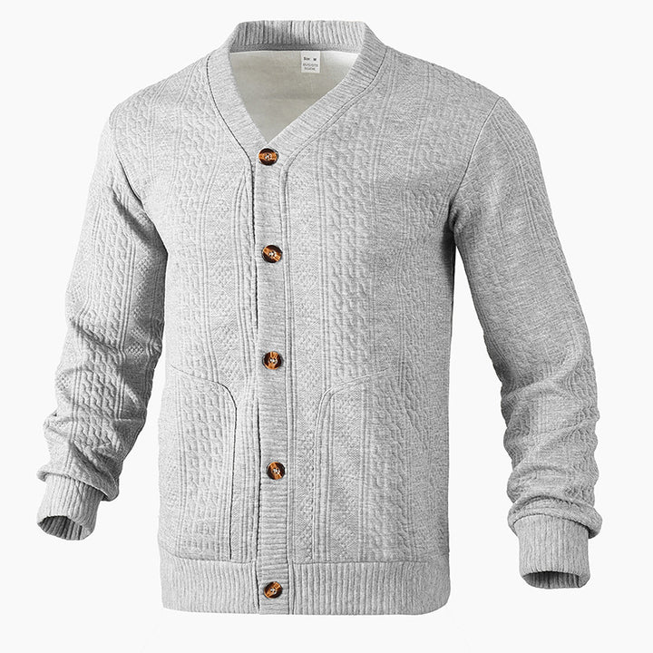 Men's Structured Knit Cardigan with Cable and Waffle Pattern, Button Placket and Patch Pockets Mune Fashion