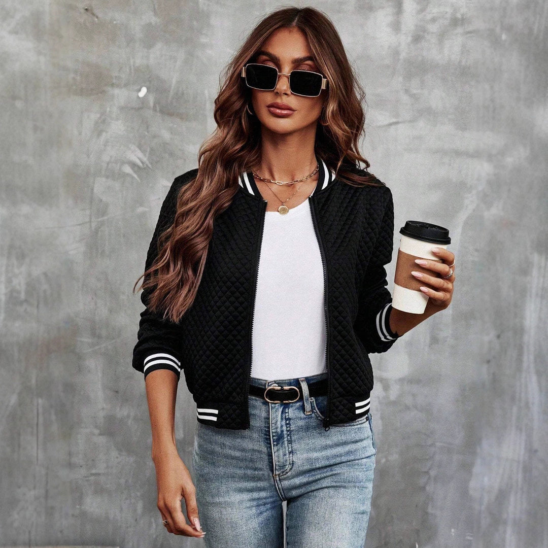 Women's Padded Bomber Jacket with Diamond Quilting, Contrast Stripes and Zipper Drune