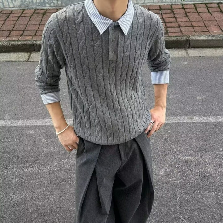 Men's Cable Knit Sweater with Shirt Collar Layering Effect Mune Fashion