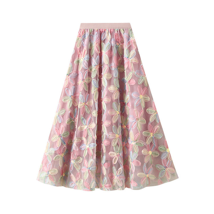Women's embroidered A-line tulle skirt with 3D floral appliqué and high-waisted elastic waistband Mune Fashion
