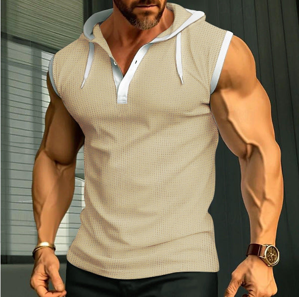 Men's Sleeveless Hooded Henley Muscle Shirt with Mesh Structure and Body-Hugging Fit Mune Fashion