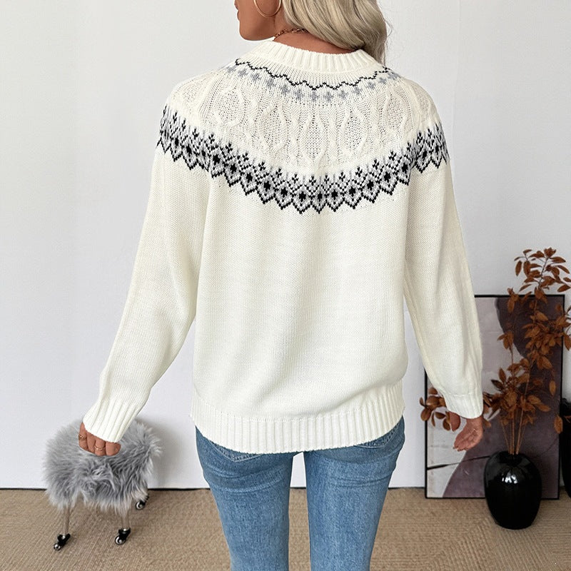 Women's Fine Norwegian Knit Sweater with Lace Yoke and Ribbed Cuff Mune Fashion