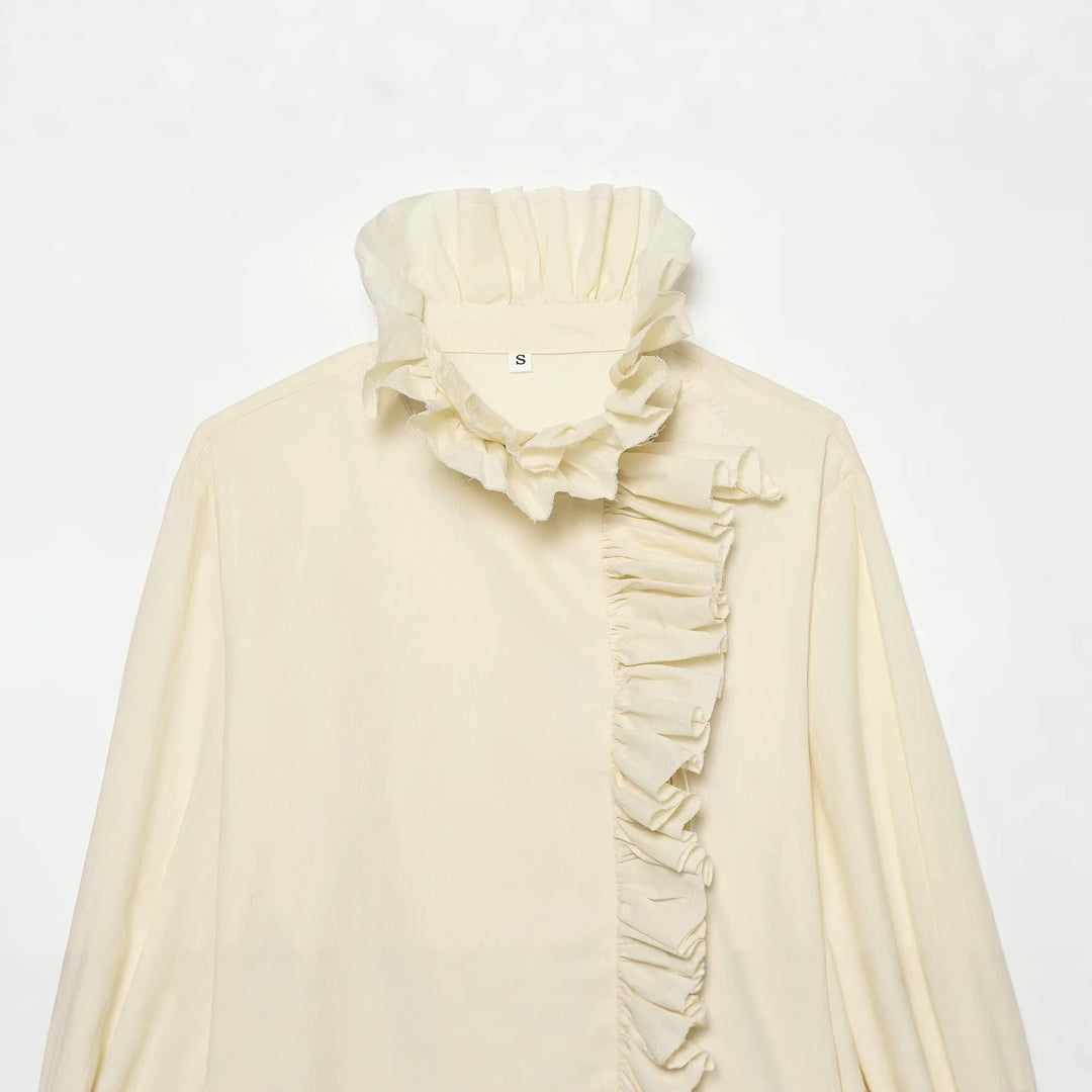 Women's ruffled blouse with high stand-up collar, asymmetrical frill trim and balloon sleeves Mune Fashion