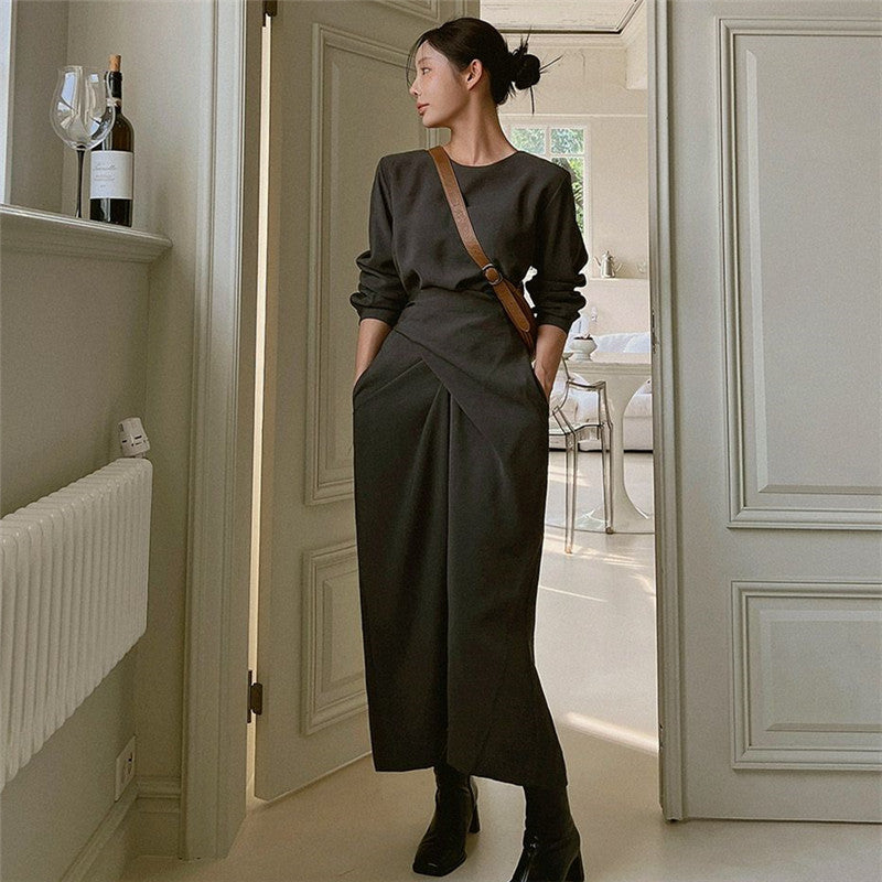 Women’s Modern Long Dress with Overlapping Waistline, Concealed Pockets, and Boxy Silhouette Mune Fashion