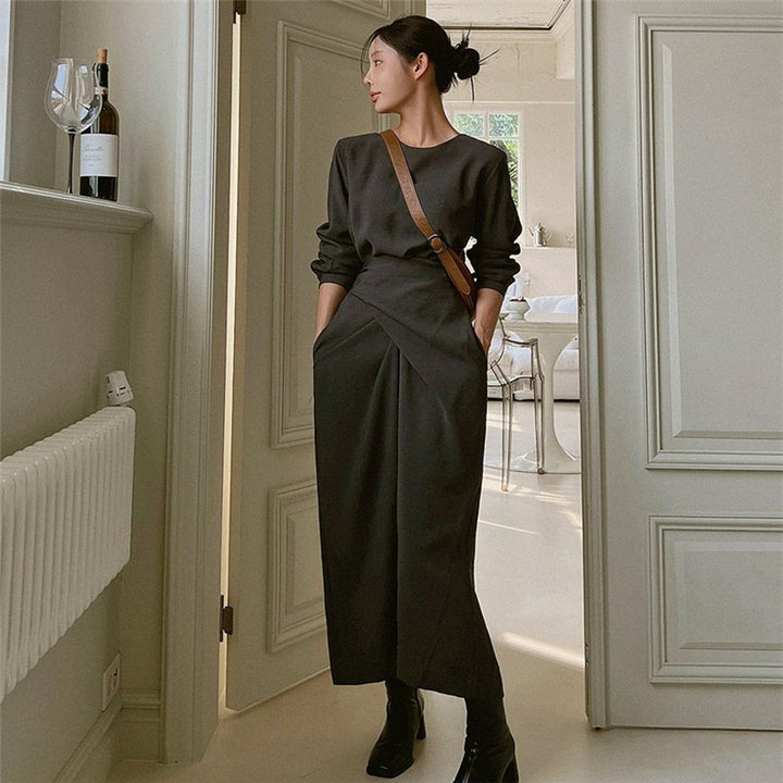 Women’s Modern Long Dress with Overlapping Waistline, Concealed Pockets, and Boxy Silhouette Mune Fashion
