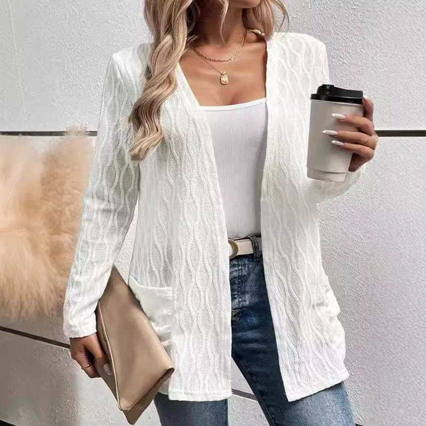 Women's open cardigan with structured wave pattern and patch pockets Mune Fashion