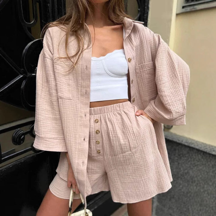 Ladies casual muslin two-piece set with oversized shirt and elastic high-waist shorts Mune Fashion