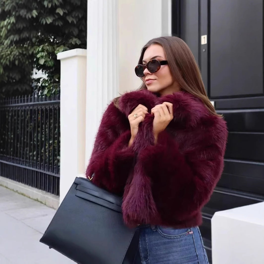 Women's Short Teddy Faux Fur Cropped Blouson with Internal Button Placket and Soft Sleeve Cuffs Mune Fashion