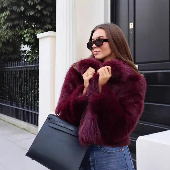 Women's Short Teddy Faux Fur Cropped Blouson with Internal Button Placket and Soft Sleeve Cuffs Mune Fashion