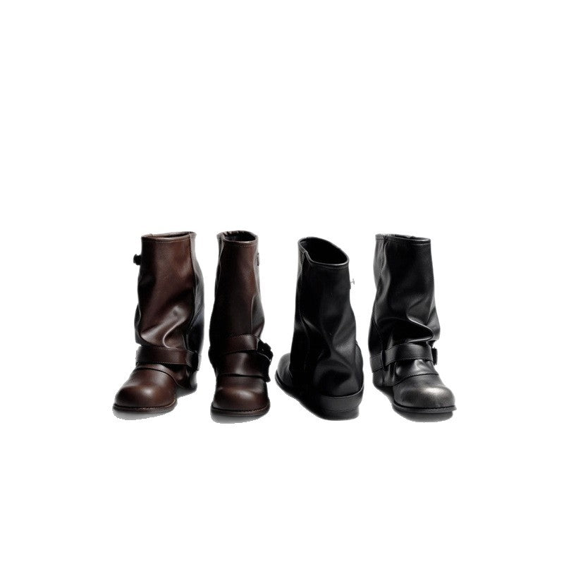 Women Slouch Biker Boots with Gathered Shaft, Decorative Buckle and Flat Profile Heel Mune Fashion