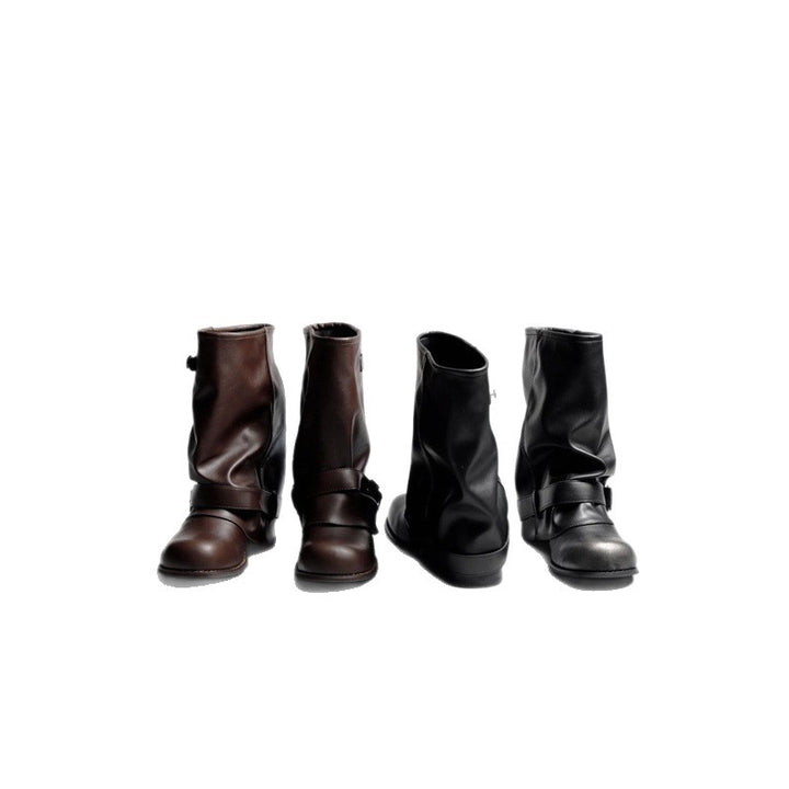 Women Slouch Biker Boots with Gathered Shaft, Decorative Buckle and Flat Profile Heel Mune Fashion