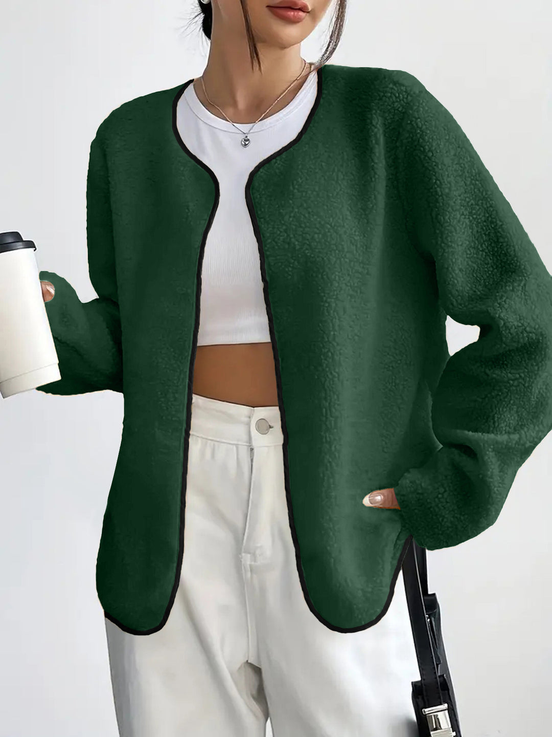 Women's Short Jacket Teddy Fleece Cardigan without Closure with Round Neck Drune