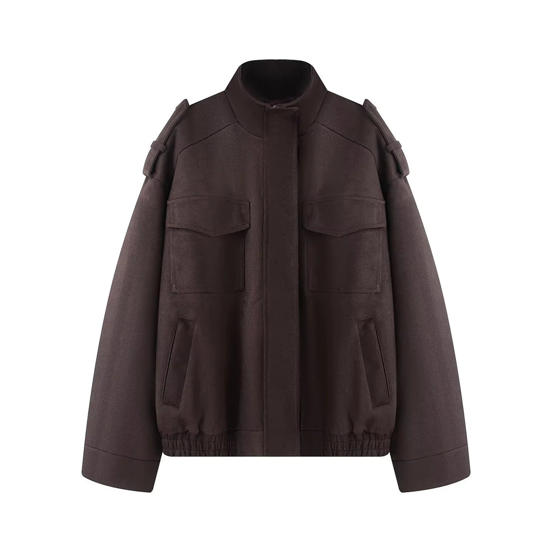 Women's nan kastiger wool mix bomber with epaulettes, flap pockets and elastic hem Mune Fashion