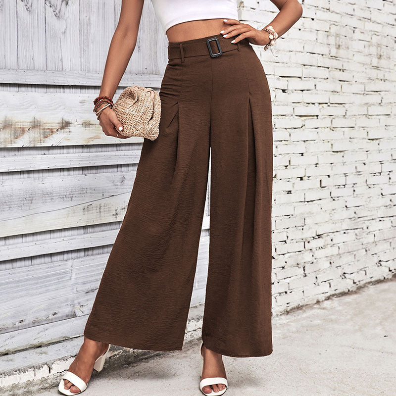 Women Elegant Culotte Pants with High Waist, Pleats and Decorative Loop Belt Mune Fashion