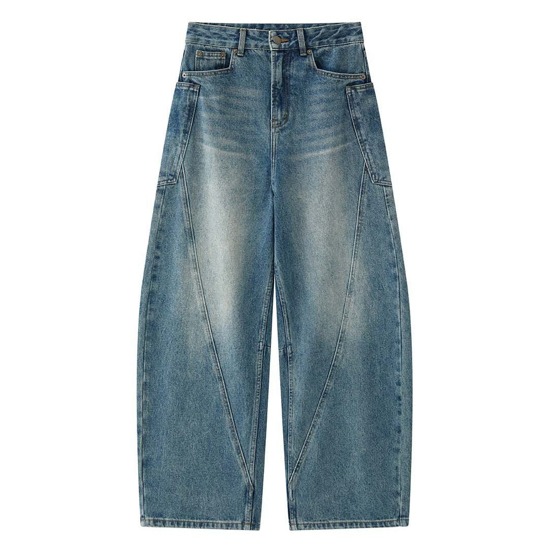 Women's High-Waisted Baggy Denim Pants with Curved Seam Details Mune Fashion