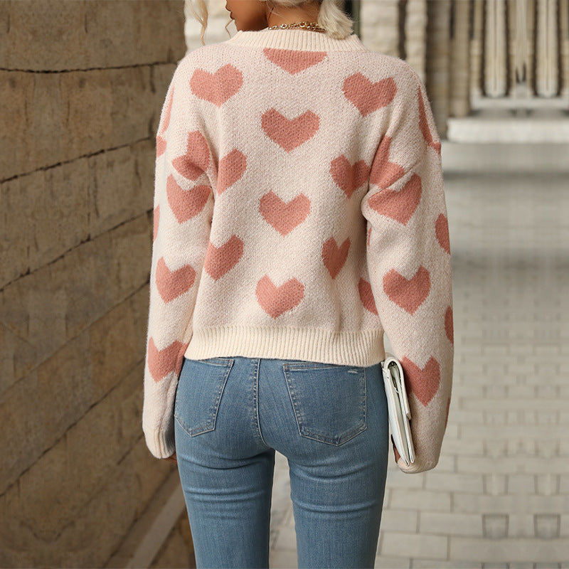 Women's Oversized Sweater with Heart Jacquard and Round Neckline Mune Fashion