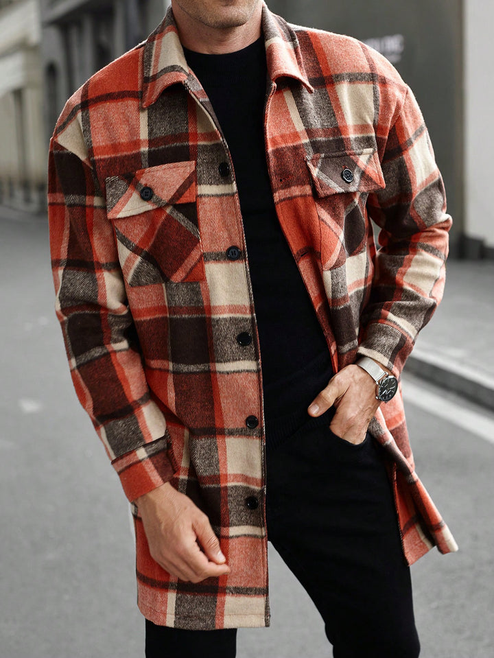 Men's checked longline overshirt with patch chest pockets and button placket Mune Fashion