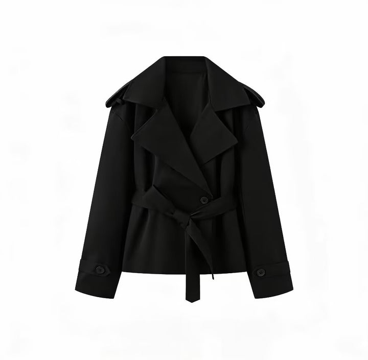 Women's Short Cut Trench Coat with Waist Belt and Wide Lapels Mune Fashion