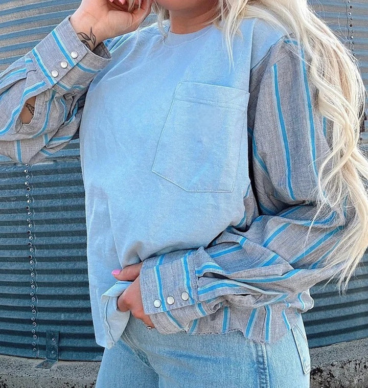 Women's long sleeve shirt in layered look with chest pocket and striped shirt sleeves Mune Fashion