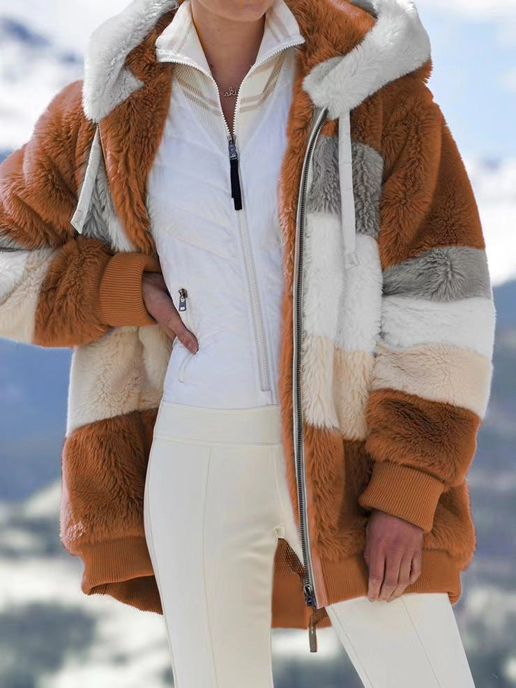 Women nan oversized faux fur jacket with hood, block stripe look and double zipper Mune Fashion
